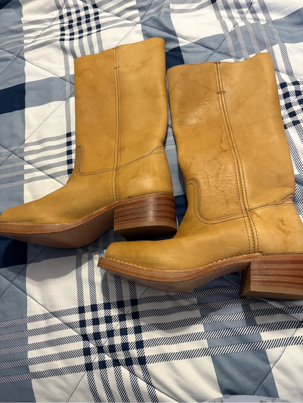 Frye Mustard Tan Leather Mid-Calf Heeled Boots